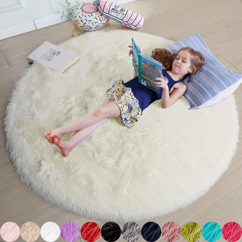 Amdrebio Ivory White Round Rug 4Ft for Kids Bedroom Aesthetic, Fluffy Fuzzy Furry Circle Area Rugs for Living Room Decor, Circular Plush Soft Shaggy Cream Carpet for Baby Nursery Dorm Teen Girls Boys - Image 1